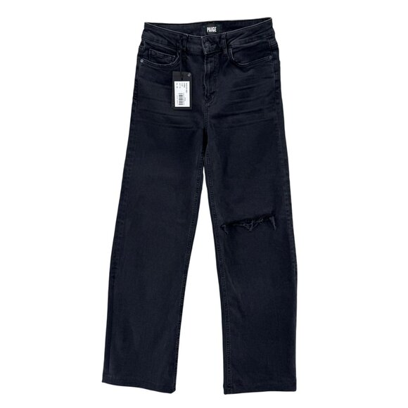 PAIGE Leenah Blacktop Destructed Jeans Womens Black Straight Leg Denim Size 26